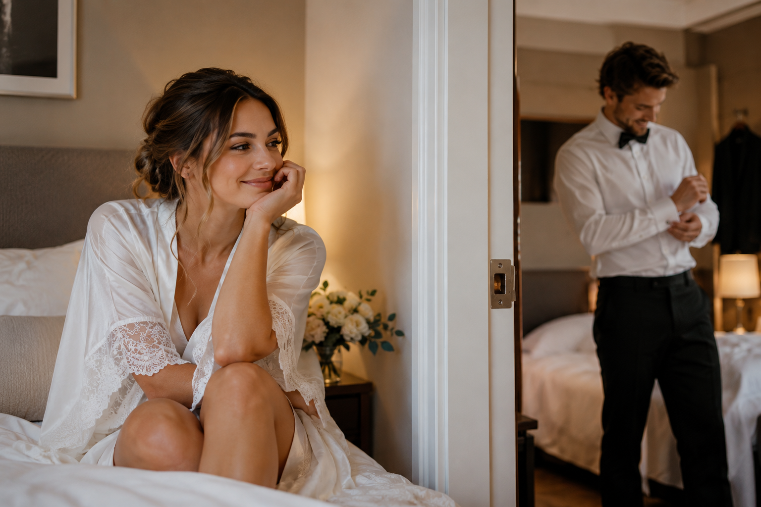 Braut und Bräutigam bereiten sich getrennt auf ihre Hochzeit vor