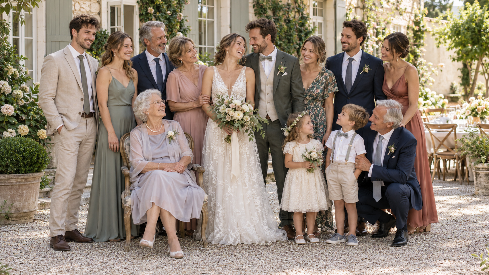 Brautpaar mit Familie und Freunden mehrerer Generationen bei einem entspannten Gruppenfoto im Garten.