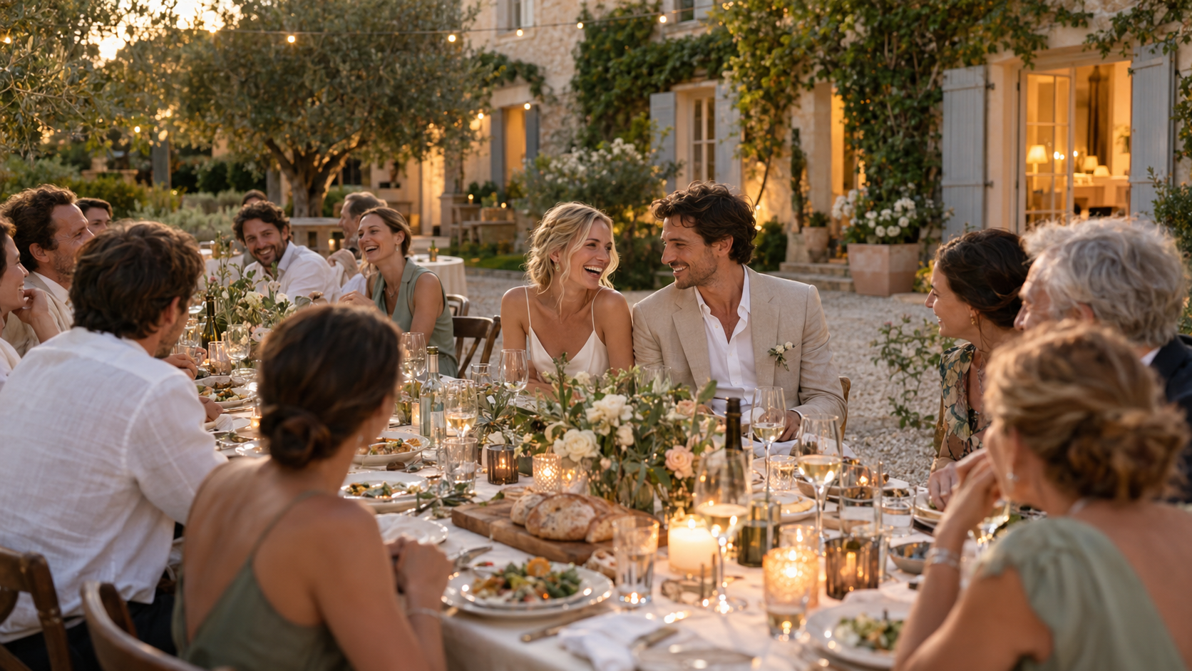 Brautpaar beim entspannten Hochzeitsdinner mit Gästen im Garten eines Gutshofs.