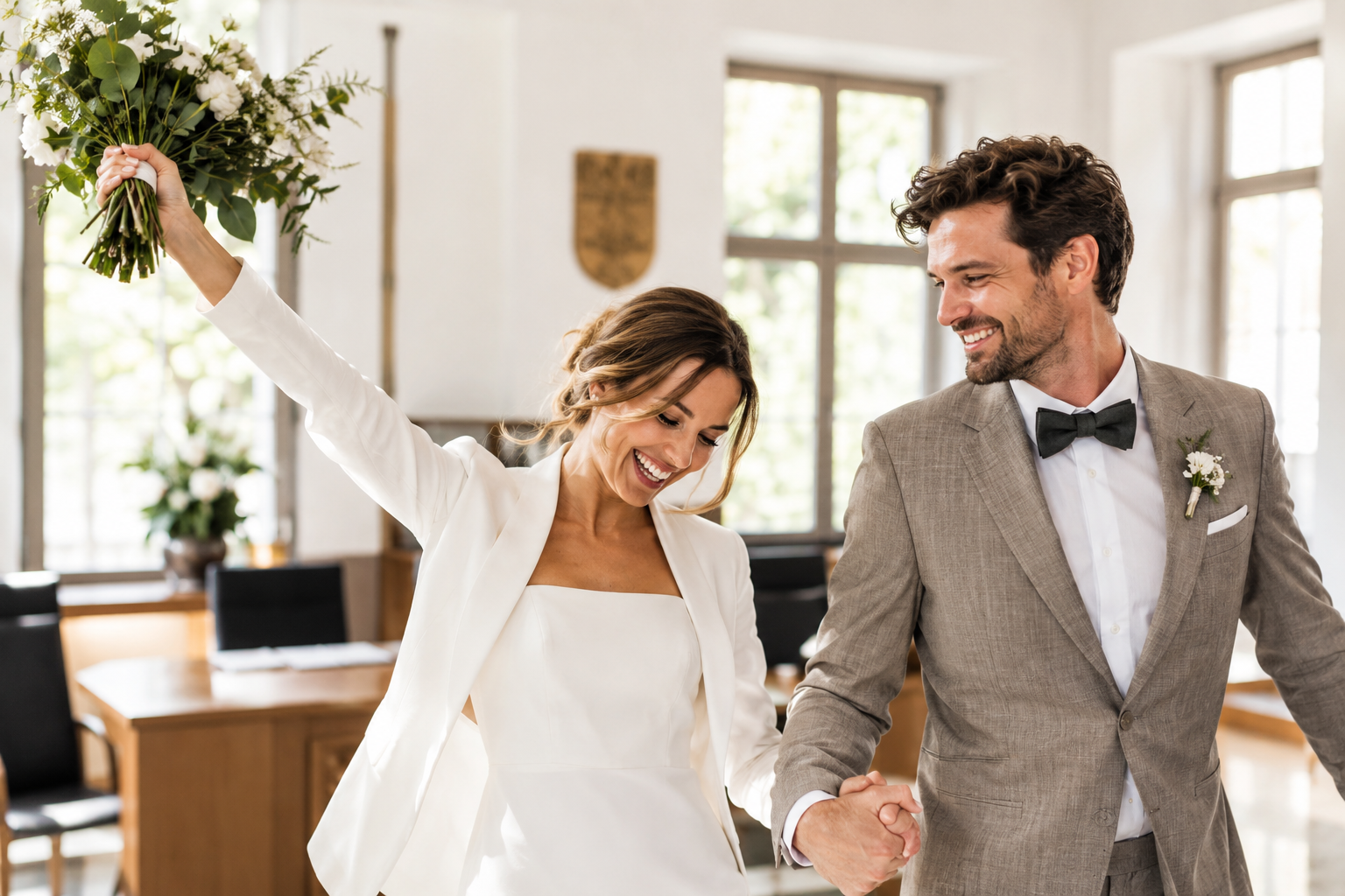Jubelndes Hochzeitspaar im Standesamt – Sonderurlaub zur Hochzeit