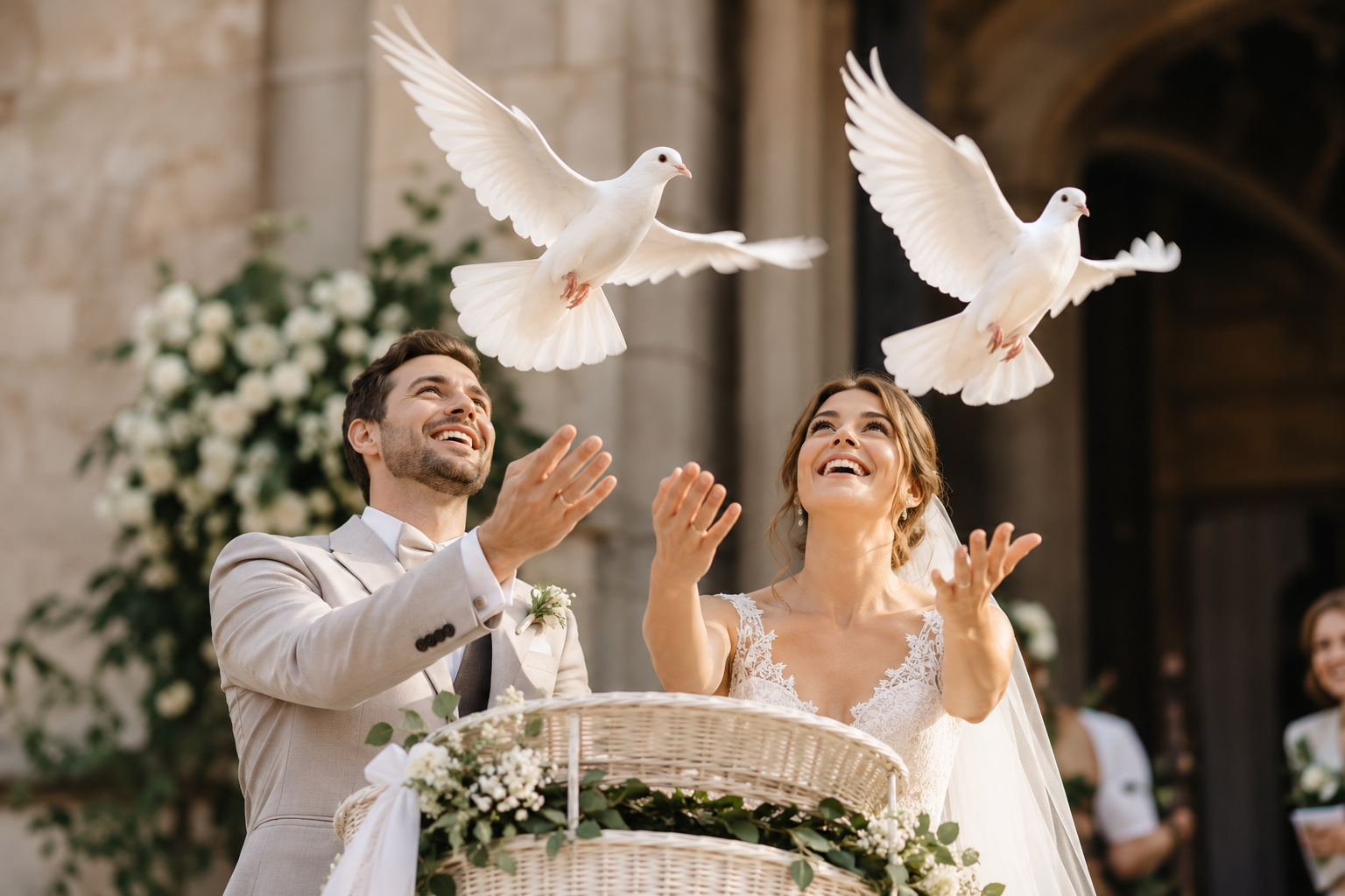 Brautpaar lässt zwei weiße Hochzeitstauben vor historischer Kulisse fliegen