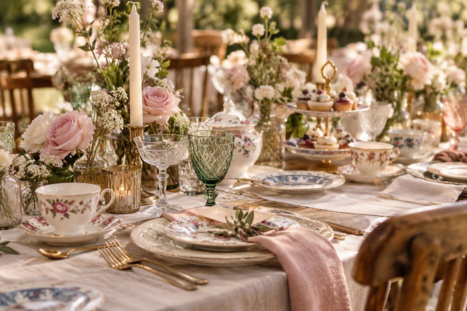 Romantische Hochzeitstafel mit Sammeltassen, Goldrand-Geschirr, Blumen und Vintage-Gläsern