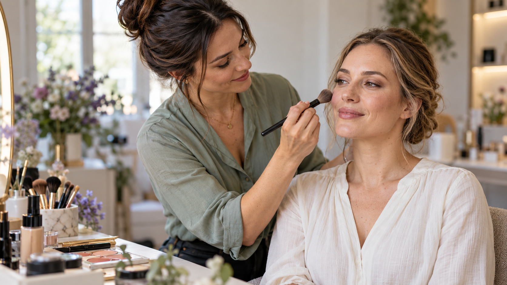Visagistin trägt bei der Braut-Make-up-Probe einen natürlichen Look auf.
