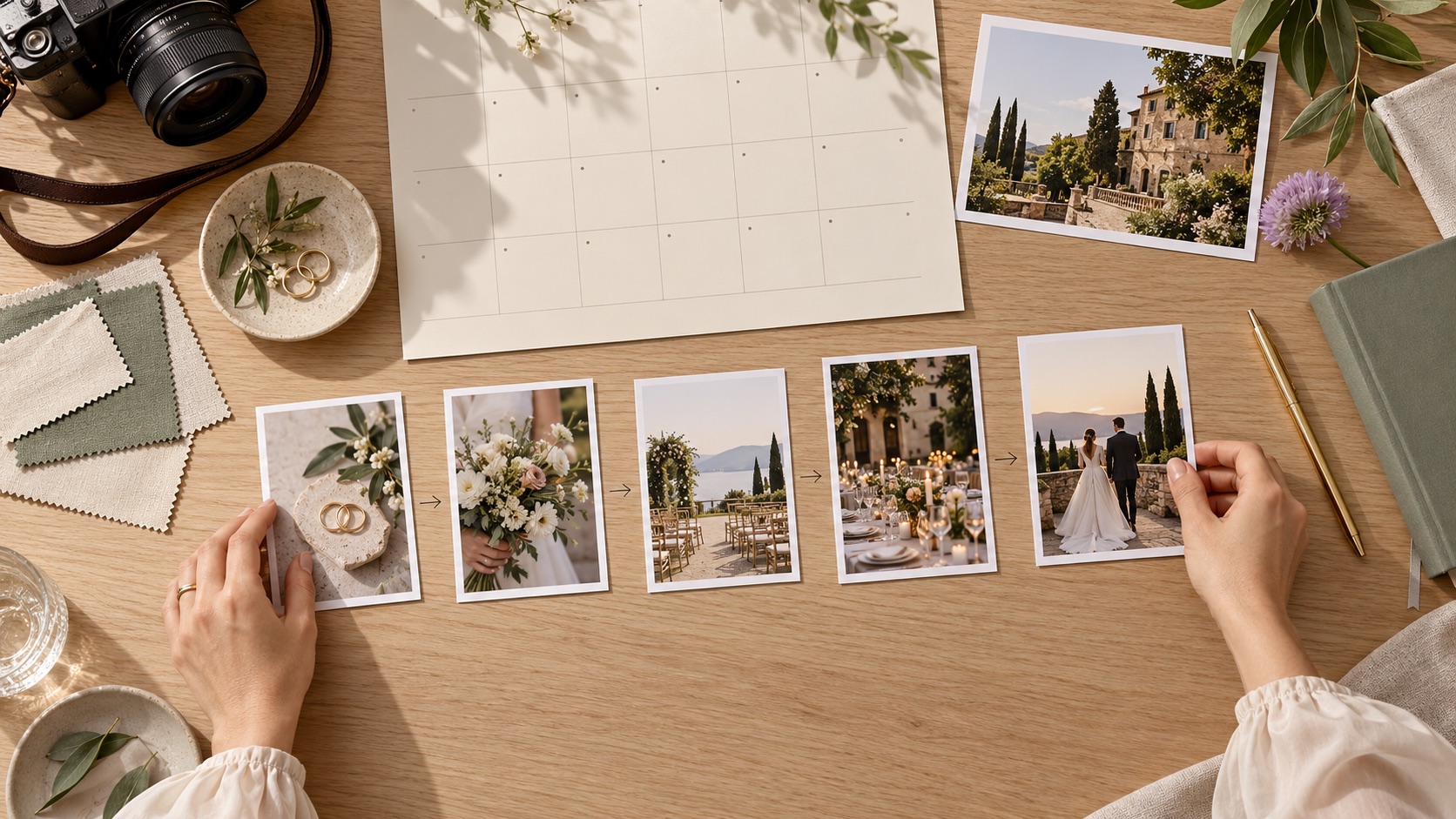 Hände ordnen Hochzeitsmotive neben einem Kalender und Stoffmustern.
