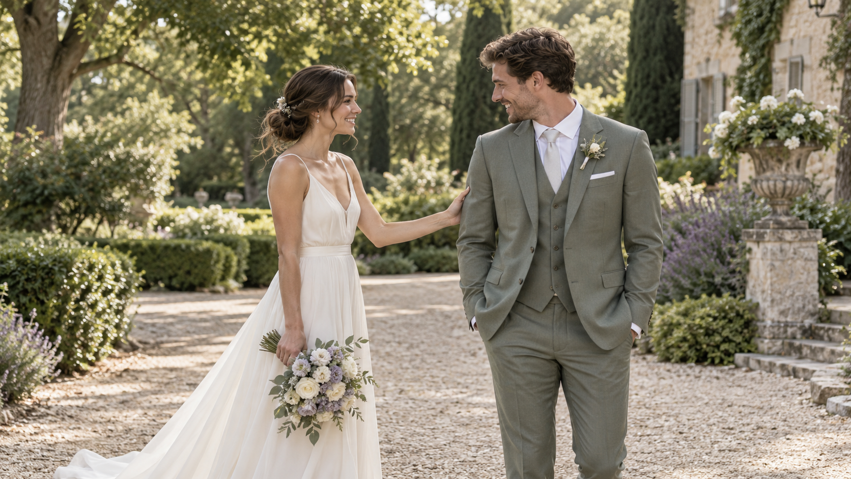 Braut und Bräutigam begegnen sich beim First Look vor der Trauung in einem ruhigen Garten.