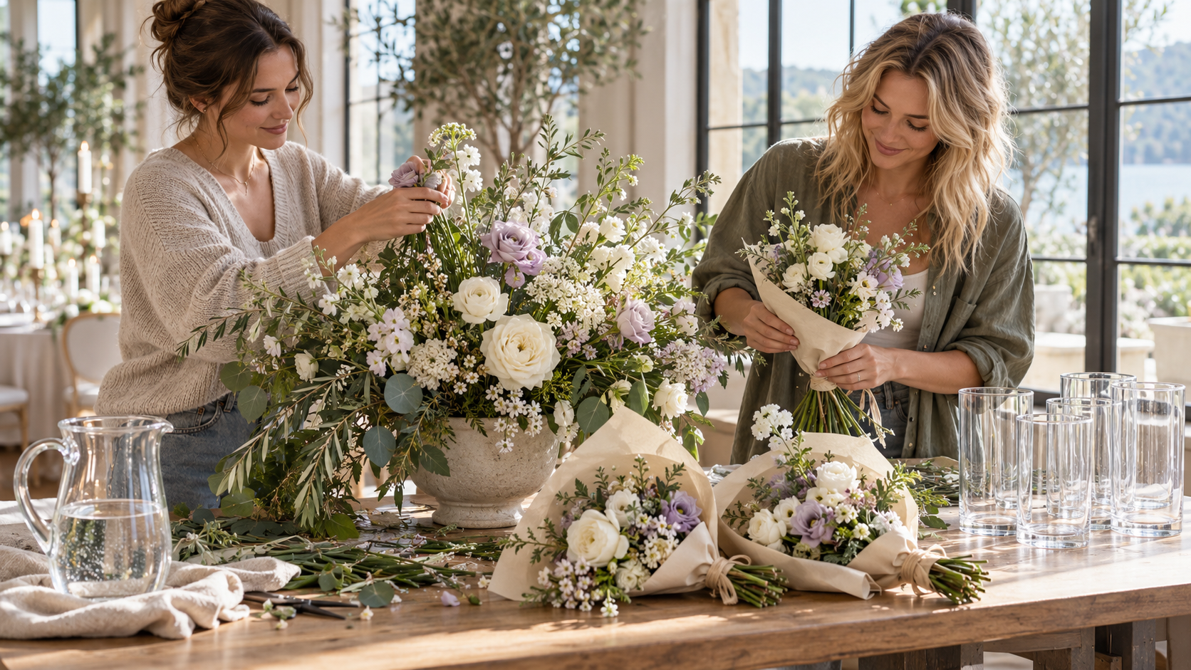 Zwei Frauen binden Hochzeitsblumen nach der Feier zu kleinen Sträußen zum Verschenken.